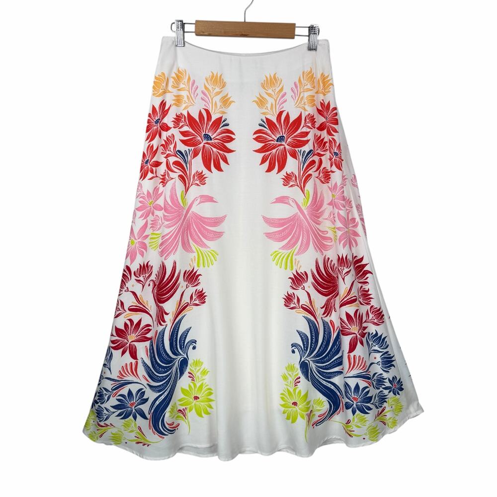 Farm Rio x Anthropologie Midi Slip Skirt Small Floral Bird Print A-line Tropical